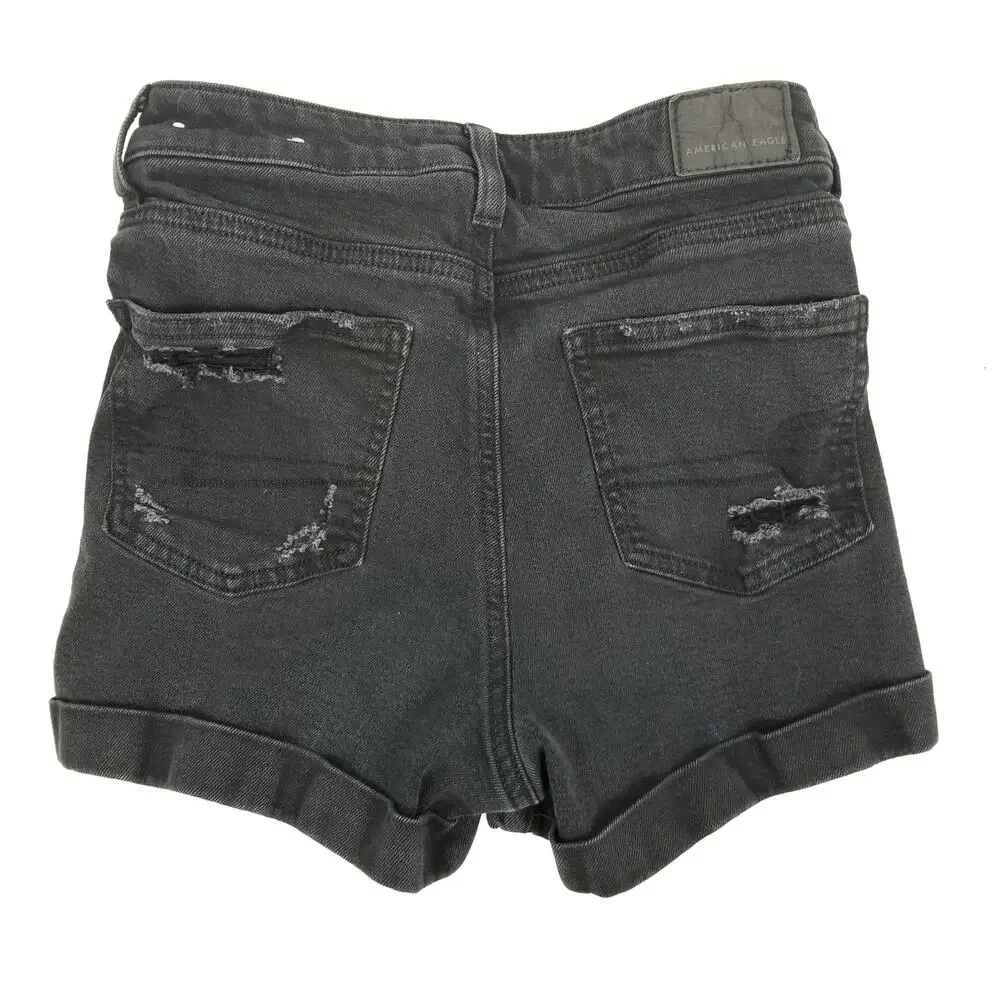 American Eagle Outfitters High Rise Distressed Mom Shorts Black Size 0
